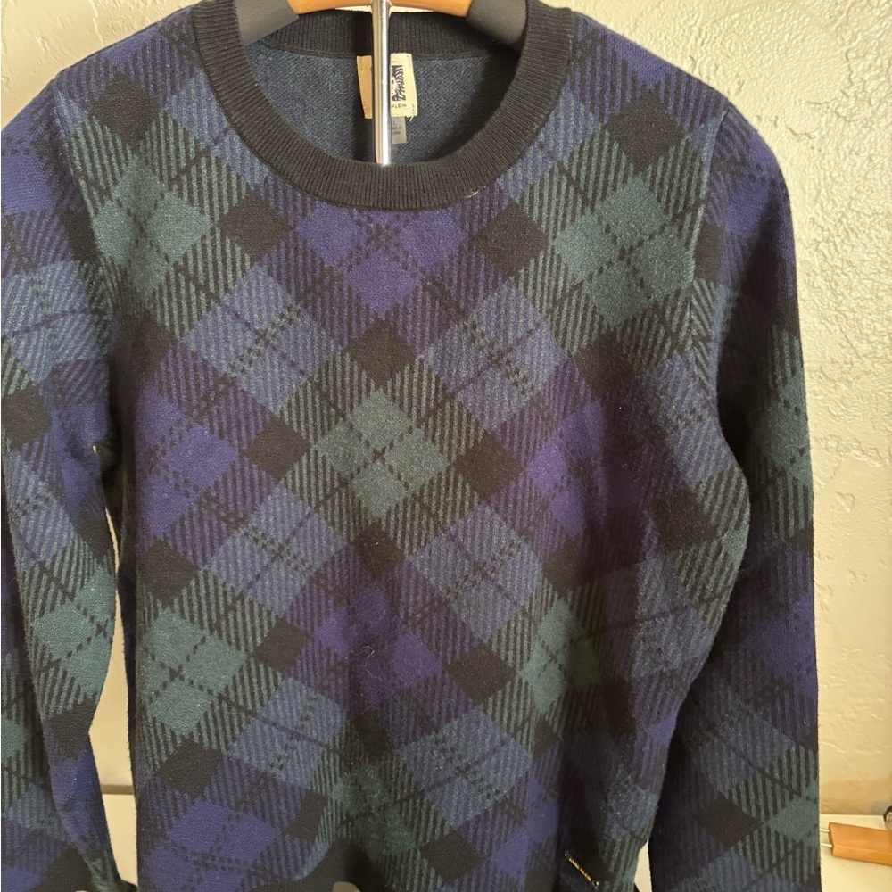 Anne Klein Blue and Green Plaid Crewneck Sweater